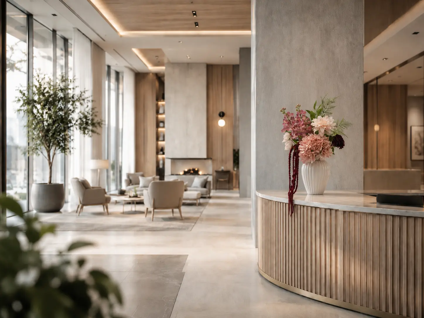 Blomsterarrangement i hotelmiljø
