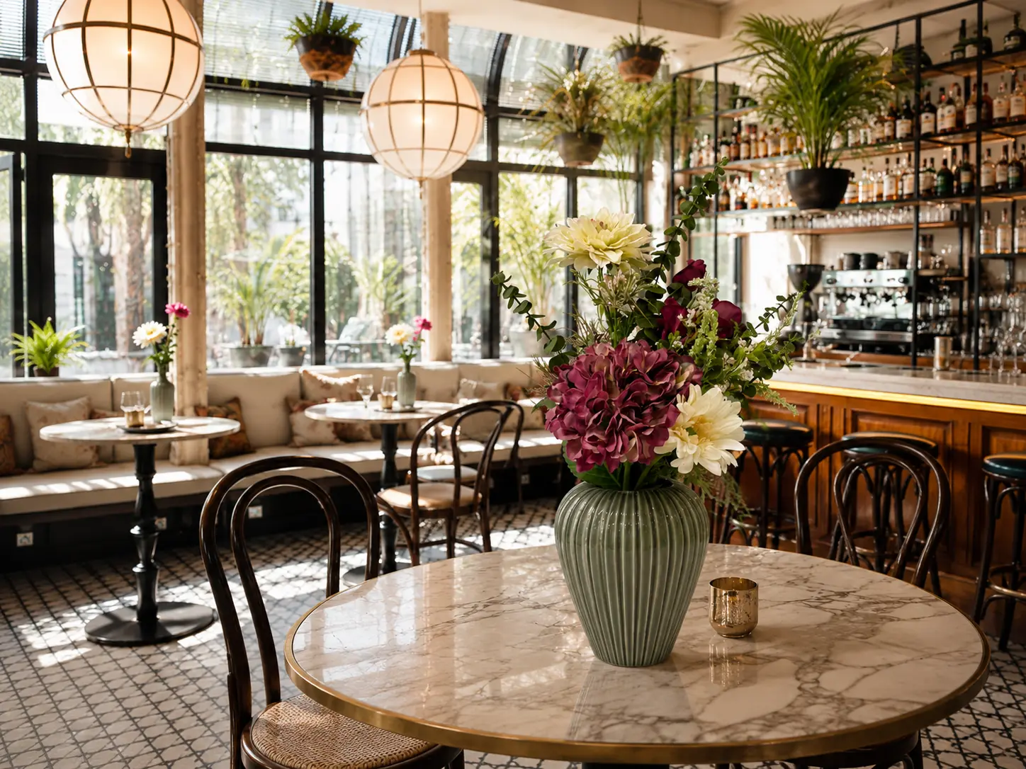 Blomsterarrangement i restaurant