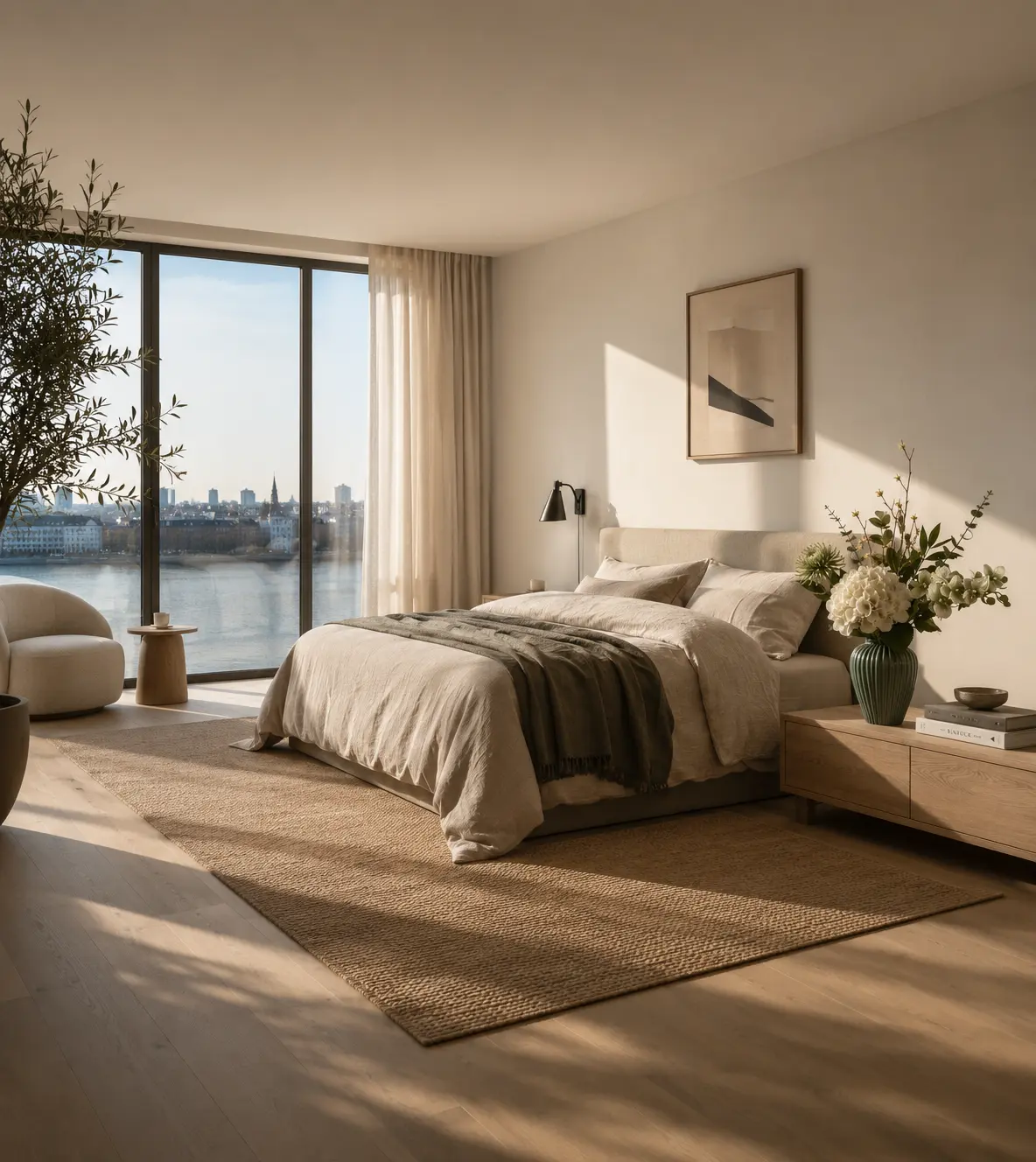 Hotelværelse med blomsterarrangement